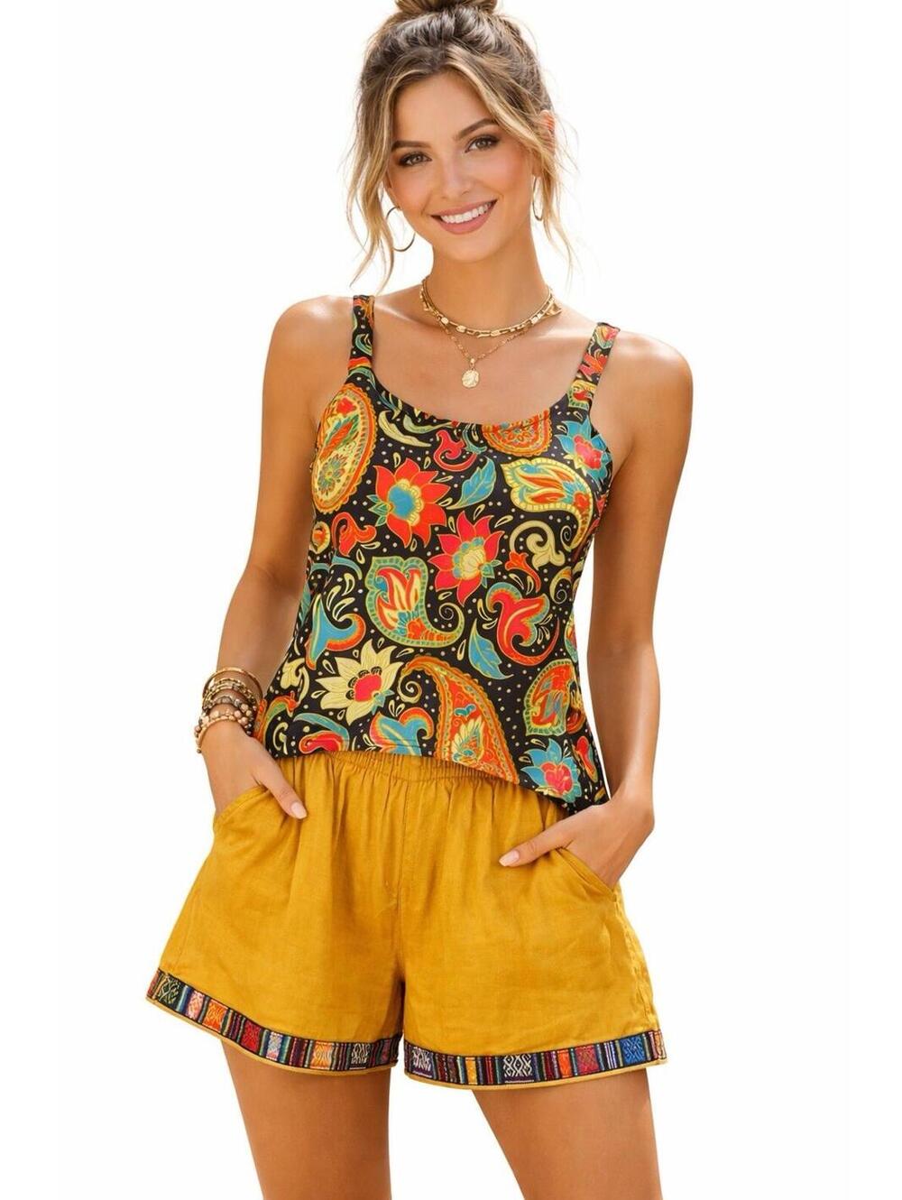 Rhea 2 Pc Set NWT Mustard Shorts + Anand Paisley Crop Top Boho Festival S/M A23